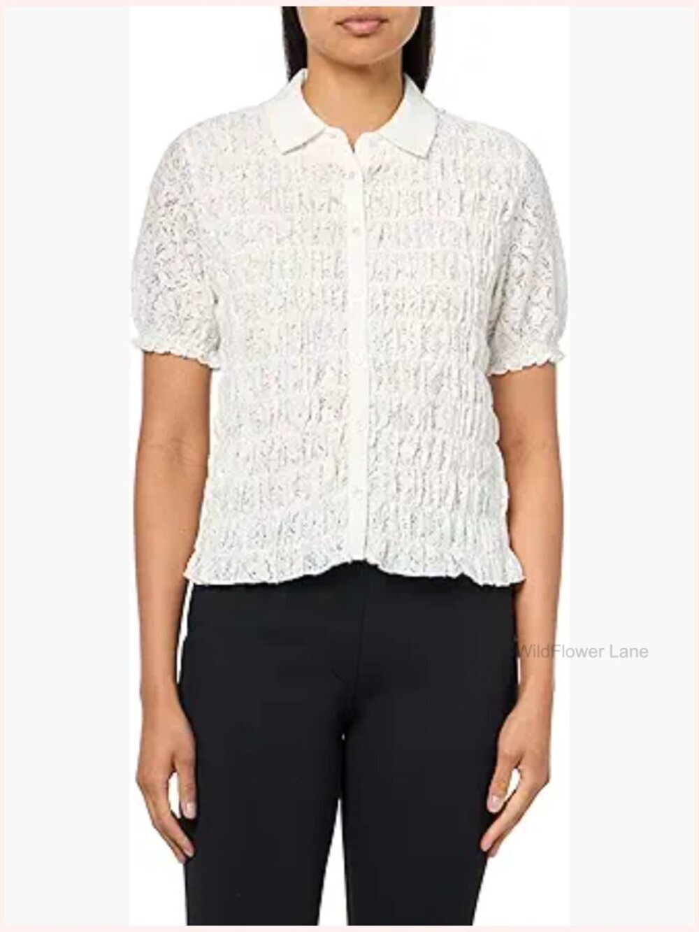 Smocked Lace Button Front Top Blouse Tunic